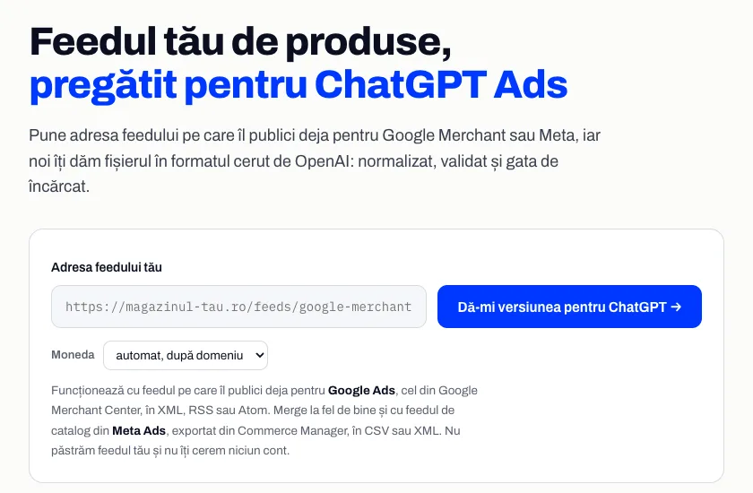 Captură din chatgptads.dwf.ro: câmpul pentru adresa feedului, alegerea monedei și butonul de conversie