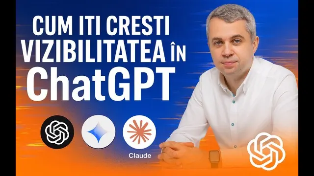 Coperta webinarului: Cum îți crești vizibilitatea în ChatGPT, cu logo-urile ChatGPT, Gemini și Claude